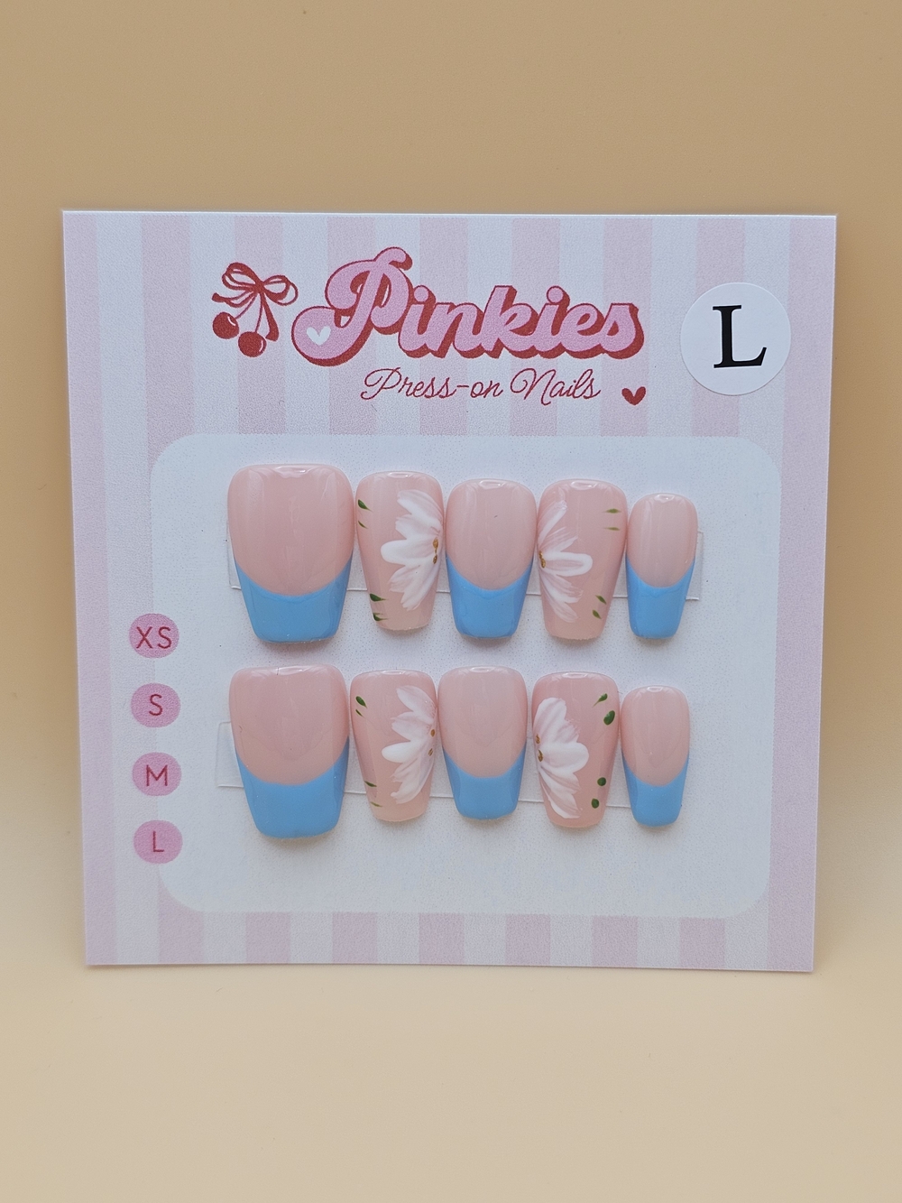 Press-on Nails Set 10pc Size L Short Coffin Blue French Tips White Flowers